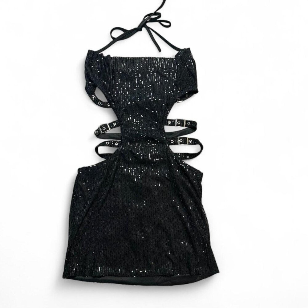 Black Sequin Buckle Dress